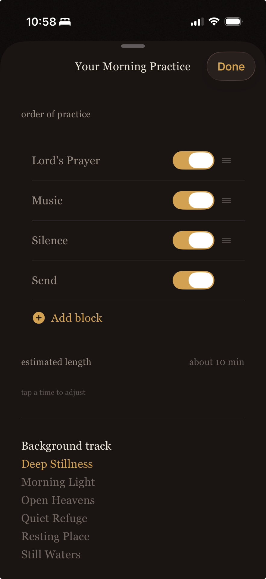 Your Morning Practice, with toggles for each block and a background track.